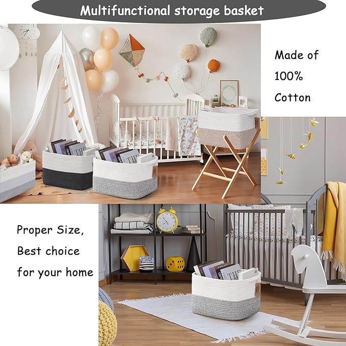 COMFY-HOMI Cotton Rope Woven Basket with Handles for Shelves,Toys,Book, Cloth Storage Baskets Bin for Organizing-13.5"x11"x9.5" Toy Decorative Organizer for Living Room, Bathroom-White/Grey
