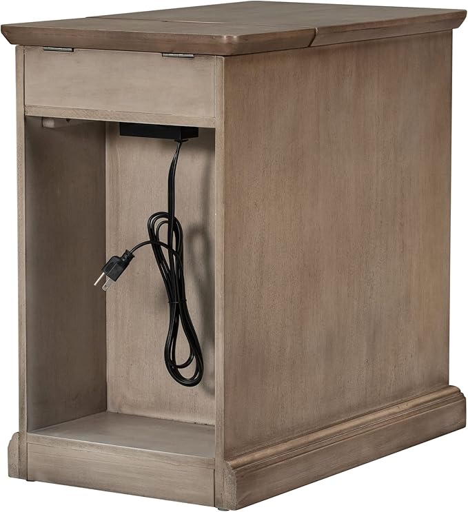 Traditional Wood End Table with Charging Station, Modern Vintage Sofa Chair Side Table Nightstand with Storage & Drawer for Living Room Bedroom, No Assembly, Antique Brown