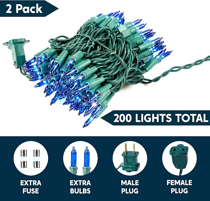 Joiedomi Blue Christmas String Lights,200(2x100) 44.6FT Christmas Fairy Tree Lights Plug in for Indoor Outdoor Xmas Decorations Patio Holiday Theme Party Yard House,Green Wire
