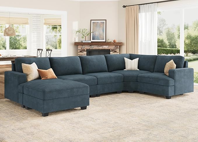 Nolany Sectional Sofa with Storage Ottoman, U Shape Sectional Couch with Chaise, Corduroy Modular Sectional Couches for Living Room, Blue