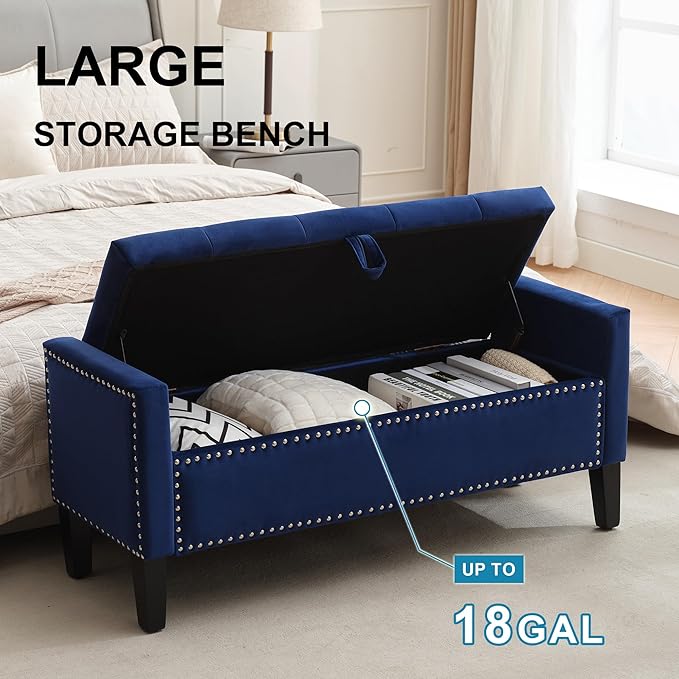 Storage Ottoman Bench, Velvet Upholstered Footstool for Bedroom and Living Room, Tufted Seat with Storage, Wooden Legs & Metal Rivets, Dark Blue