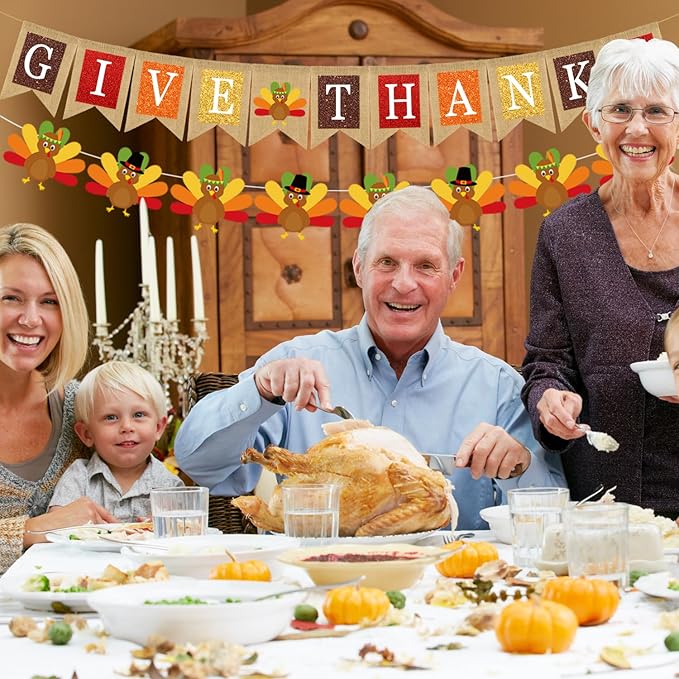 Doumeny 2Pcs Give Thanks Burlap Banner Turkey Paper Hanging Banner Thankful Bunting Garland with Turkey Thanksgiving Fall Party Garland Autumn Harvest Bunting Flag for Mantel Fireplace Farmhouse Decor