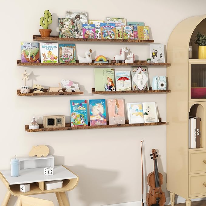 Fun Memories Picture Ledge Shelves Set of 2, 55 Inch Rustic Wall Mounted Floating Shelves with Lip for Home Storage and Décor in Bathroom, Kitchen, Nursery, Bedroom, Living Room, Brown