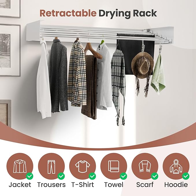 Foldable Wall-Mounted Drying Rack, Heavy-Duty 60 lb Capacity – Space-Saving Folding Laundry Hanger with 10 Clips, Rust-Proof Aluminium Clothes Dryer for Indoor & Outdoor Use