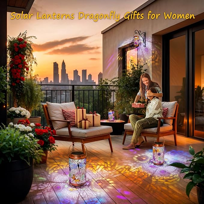 2Pack Solar Outdoor Lanterns Waterproof Multicolor Dragonfly Garden Gifts for Mom Women Backyard Lights Lanterns for Indoor,Outdoor, Porch, Outside,Mothers Day Gifts for Grandma Wife