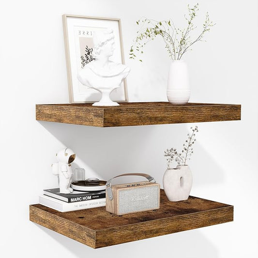Fun Memories Floating Shelves - 2 Pack 12 Inch Deep Rustic Wooden Wall Shelves - Extra Deeper & Thicker Wall Mounted Storage Shelf for Living Room, Kitchen, Farmhouse - 16" W x 12" D x 1.5" H - Brown