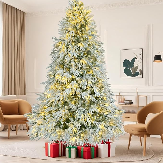 7.5FT Pre-Lit Spruce Snow Flocked Artificial Christmas Tree - Xmas Tree for Christmas,350 Multi-Color LED Lights and 1389 Branch Tips, Xmars Trees for Home Office Christmas Decor
