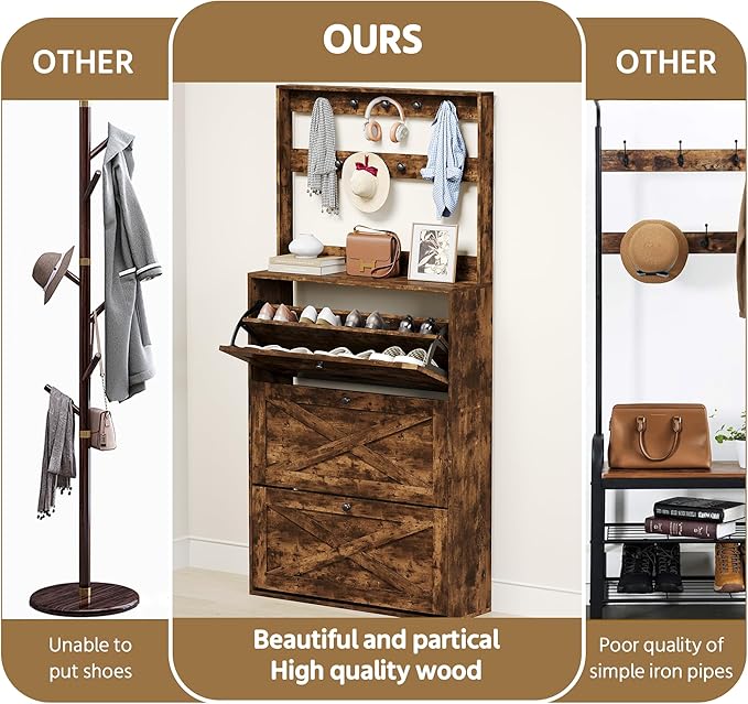 Shoe Cabinet Set 2 with 3 Flip Drawers, Narrow Shoe Cabinet with 9 Hooks Coat Rack, Freestanding Shoes Storage Cabinets with Adjustable Shelves for Entryway, Hallway, Living Room, Rustic Brown