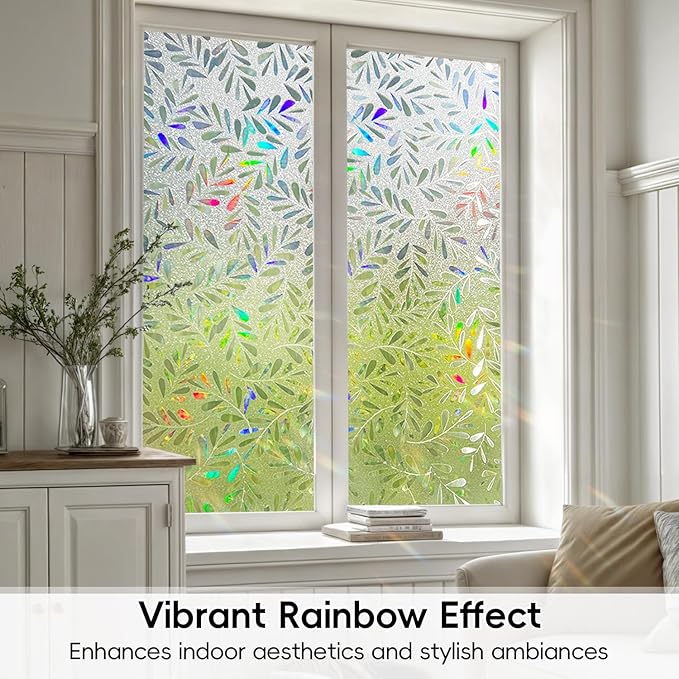 DUOFIRE Window Privacy Film Rainbow Window Film Decorative Leaves Pattern Window Cling Frosted Reusable Anti-UV Non-Adhesive Static Cling Privacy Film for Home Office 35.4 × 78.7 inches