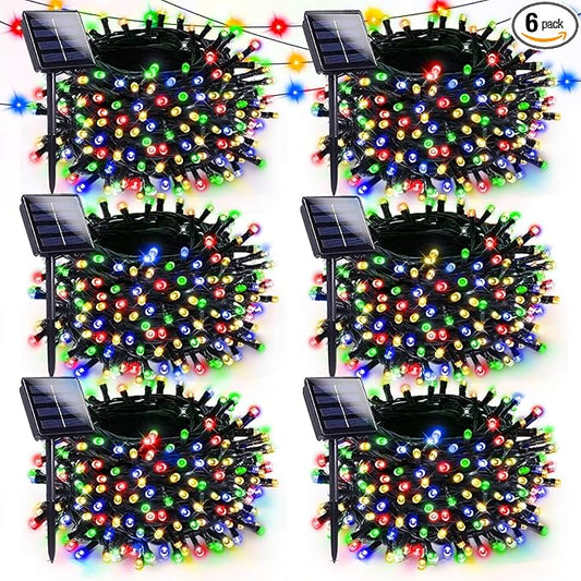 6 Pack Solar Christmas Lights Outdoor, 600 LED 198 FT Solar Powered String Lights Waterproof with Green Wire 8 Lighting Modes, Twinkle Light for Xmas Tree Party Yard Garden Decor, Multicolored