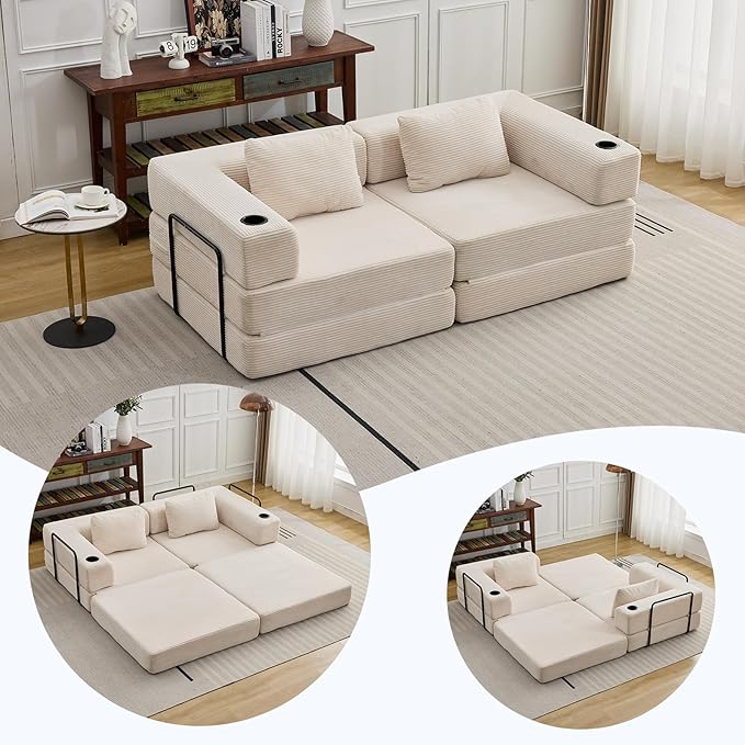 78" W Loveseat Sofa, 4 in 1 Convertible Floor Sofa Bed, Boneless Cloud Couch with Cup Holder, Fold Out Floor Couch, Loveseat Recliner Sleeper for Living Room Bedroom Lounge(Corduroy, White)