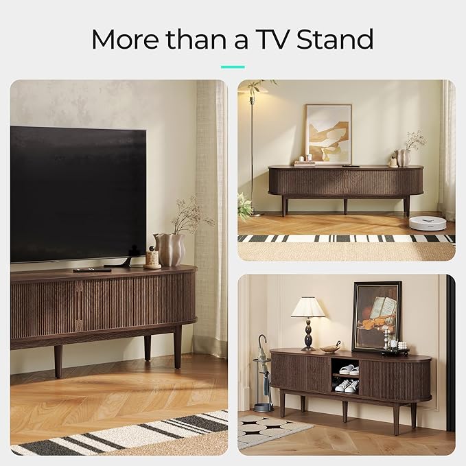 LINSY HOME Fluted TV Stand for 75" TV, Mid-Century Modern 70" Entertainment Center with Sliding Tambour Door and Storage Cabinet, Cruved TV Media Console Table for Living Room, Bedroom, Walnut