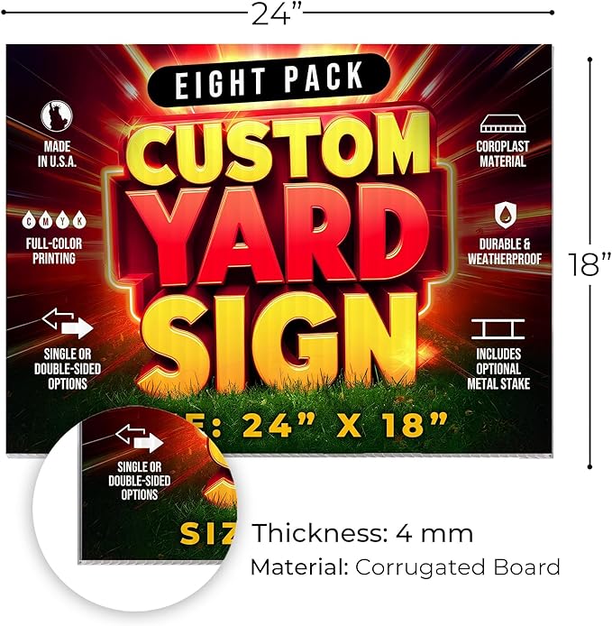 8 Pack 24"x18" Custom Yard Signs with Stakes, Personalized Yard Signs for Outdoors, Customized Full Color Print Corrugated Signs for Business