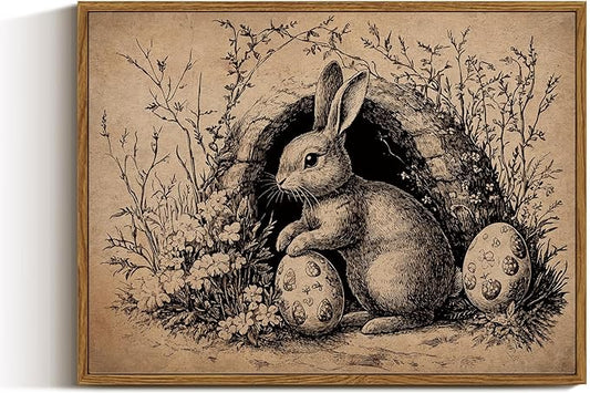 VIYYIEA Framed Wall Art for Living Room, Easter Bunny Egg Canvas Prints, Vintage Home Decor, Rabbits Painting Picture, Bathroom Wall Decor Gifts for Friends or Family -【Easter Collector】-(16L x 12W)
