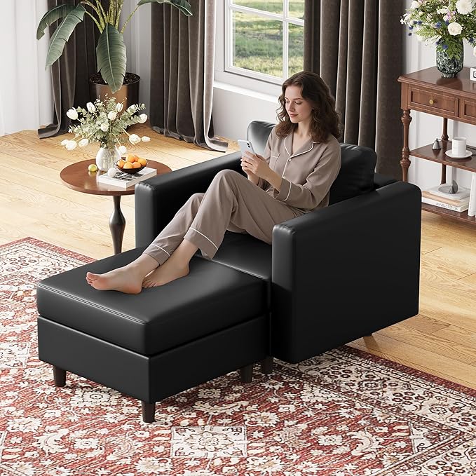 Faux Leather Oversized Accent Chair with Storage Deep Seat Single Sofa Large Reading Armchair for Living Room Bedroom Office Black