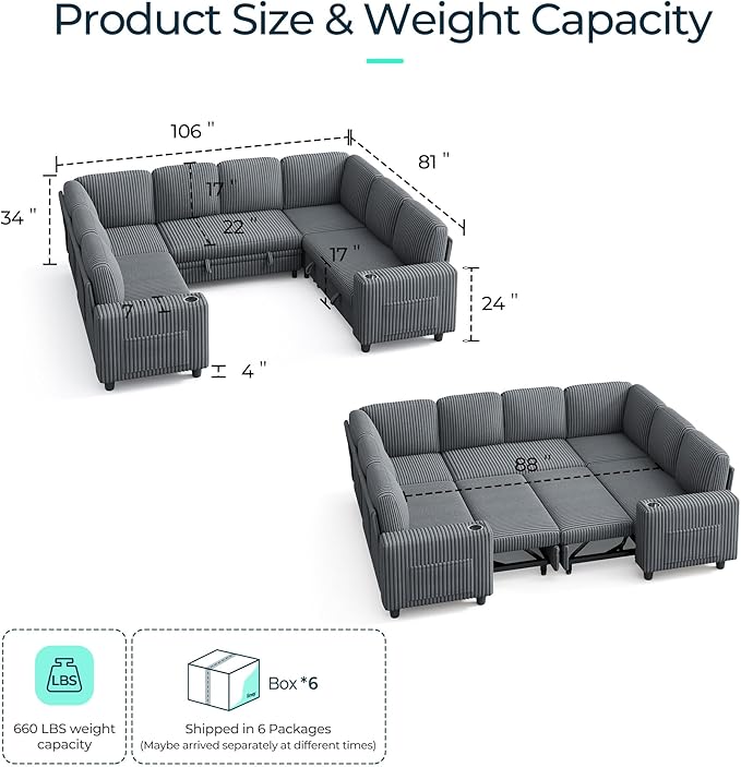 LINSY HOME Sectional Sleeper Sofa with Pull Out Couch Bed - Convertible Plush Corduroy Cloud Couch with Storage Chaise & USB Charging, Comfy Modular Couches for Living Room, Grey