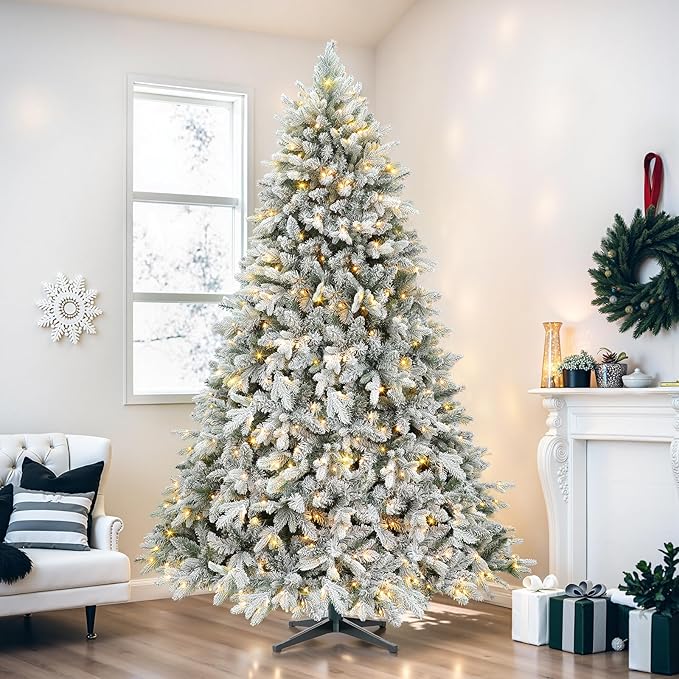 7.5ft 360° Rotating Pre-Lit Snow Flocked Christmas Tree, Built-in Music, Remote Control, 8 Light-Modes, White Christmas Tree for Home Decor