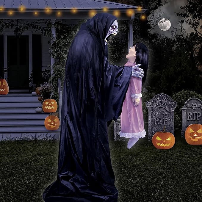 Haunted Hill Farm Soul Sucker Demon Reaper with Child by Tekky, Motion-Activated Talking Halloween Animatronic for Creepy Indoor or Covered Outdoor Halloween Decorations, Plug-in or Battery Operated