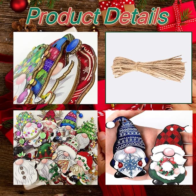 24 Wooden Gnome Ornaments for Christmas Tree, Party Decorating Supplies