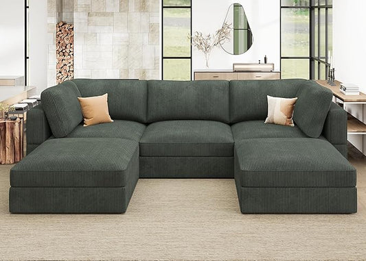 HONBAY Modular Sectional Sofa with Storage Corduroy U Shaped Sofa Modular Sectional Couches for Living Room,Green