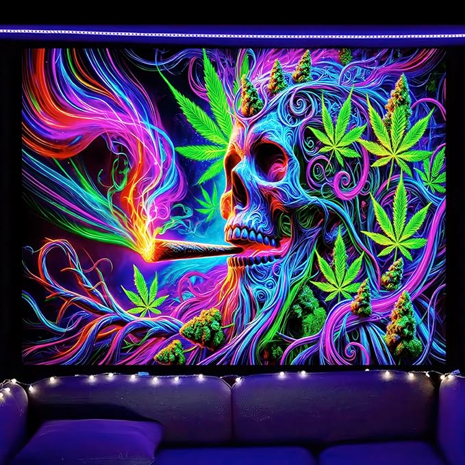BlissYard Blacklight Cool Trippy Weed Marijuana Leaves Tapestry UV Reactive Skeleton Tapestry Smoking Skull Black Light Wall Tapestry Neon Psychedelic Tie Dye Stoner Poster Tapestry 59X78 IN