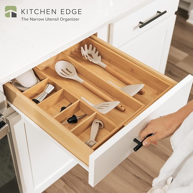 Adjustable Kitchen Drawer Organizer for Utensils and Junk, Food-Safe Contract Grade with 100% Sustainable Wood, Expandable from 10.5 to 19 Inches Wide - Natural Bamboo