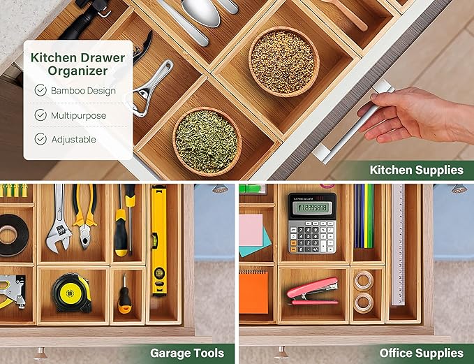 Kootek Bamboo Drawer Organizer with Removable Dividers, 6 Pcs Adjustable Kitchen Drawer Organizer Utensils Bamboo Organizers Silverware Storage Box Cutlery Tray Multi-Use for Bathroom, Makeup, Office