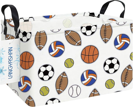 LANGYASHAN Rectangular Storage Bin Collapse Canvas Fabric Cartoon Storage Basket with Handles for Organizing Home Kitchen Boys and Girls Toys Office Closet Shelf Baskets (Rec Colorful Balls)
