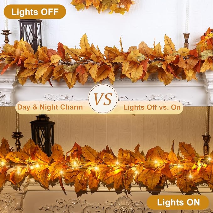 2PC Realistic Fall Garland for Mantle 6FT Fall Leaves Garland With Lights/Timer Fall Decorations for Home Porch Fall Leaf Garlands Autumn Decor for Thanksgiving Outdoor Fireplace Wedding Hanging Table