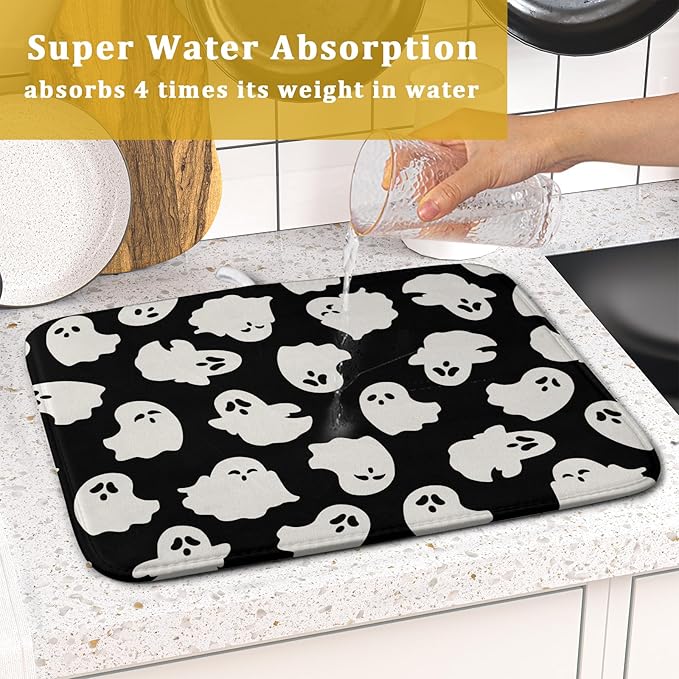 Halloween Dish Drying Mat for Kitchen Counter Cute Ghost Holiday Super Absorbent Reversible Microfiber Kitchen Countertop Protector Dishes Pad Small 16x18 inch