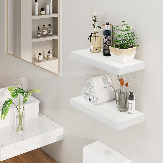 Fun Memories White Floating Shelves, 8 Inch Deep Wall Shelves Set of 2, Rustic Deep Shelves for Wall Storage, 24 x 8 Floating Shelves, 8" Deep White Shelves for Bedroom, Living Room, Kitchen