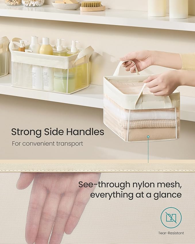 SONGMICS Storage Bins Set of 3, Small Fabric Storage Baskets, Foldable Organizer with Transparent Nylon Mesh, 11.8 x 7.9 x 5.9 Inches, Handles, for Bathroom, Kitchen, Cream White URFB915W01
