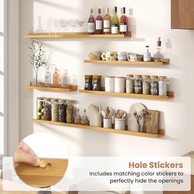 Fun Memories Picture Ledge Shelves Set of 2, 24 Inch Rustic Wall Mounted Floating Shelves with Lip for Home Storage and Décor in Bathroom, Kitchen, Nursery, Bedroom, Living Room, Oak