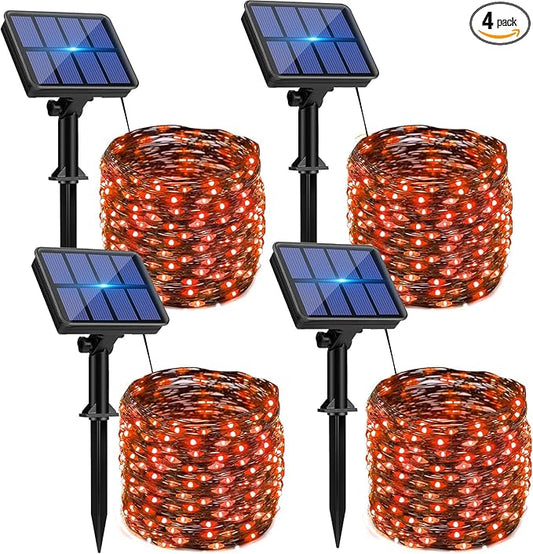 4 Pack Solar Halloween String Lights Outdoor - 320LED 132FT Orange Solar Fairy Lights Outside Waterproof, 8 Modes Solar Powered Twinkle Lighting Decorations for Tree Garden Yard Spooky Patio Party
