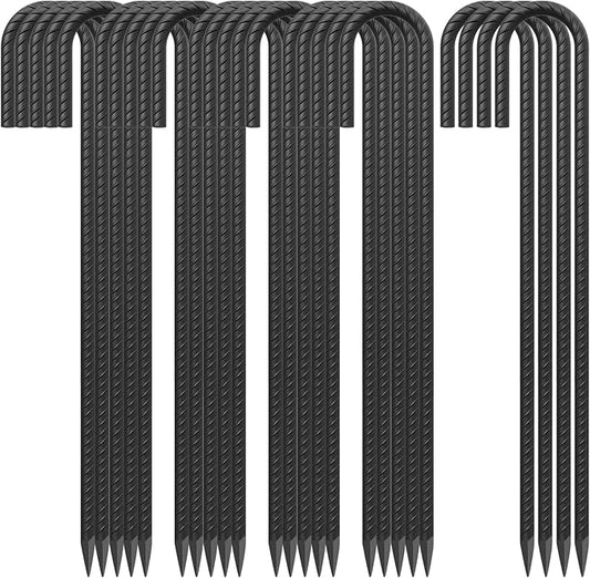 24 Pack J Hook Rebar Stakes 24 Inch 3/8 Inch Diameter Metal Stakes for Ground Heavy Duty with Chisel Point End Chain Link Fence Stakes for Swing Set, Gazebo and Bounce House, Black