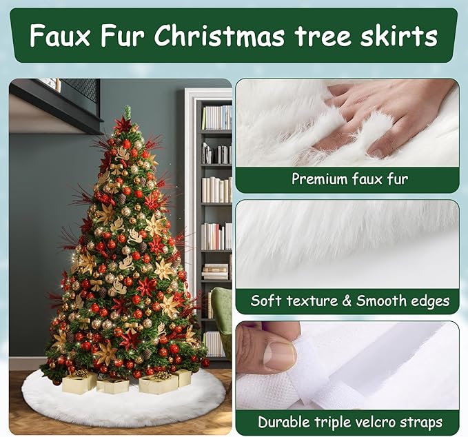 AOGU 60 Inch Faux Fur Christmas Tree Skirt White Plush Skirt for Merry Christmas Party Christmas Tree Decoration