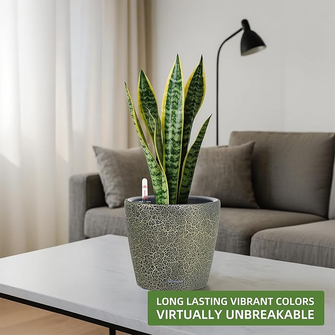 Dexceder 9x8 Inches Self Watering Planter Indoor Outdoor, Inner Pot Design, Thickened Table Flower Plant Pot with Water Level Indicator (Black Gold Crackle)