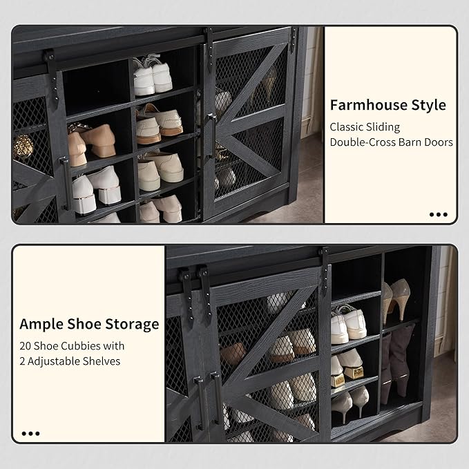 JXQTLINGMU 59" Farmhouse Hall Tree with Shoe Storage, Entryway Bench with 20 Cubbies, 12 Hooks & Sliding Barn Doors, Mudroom Coat Rack Cabinet, Black