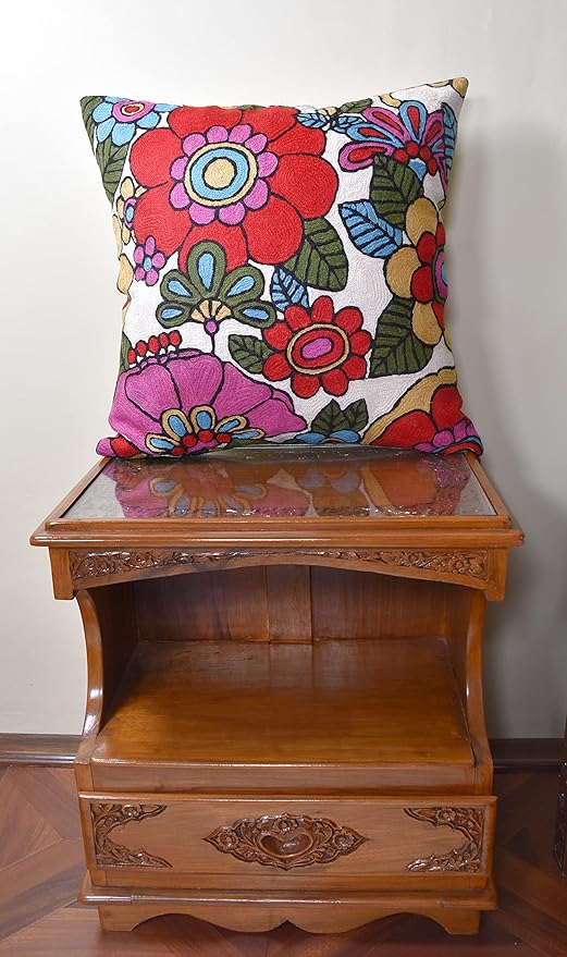 Floral Pillow Cover Handembroidered Wool 18x18 (Retro Floral Pillow Cover)