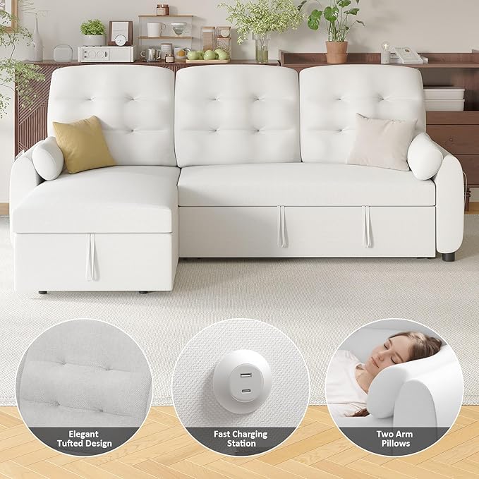 Ucloveria Sleeper Sofa Bed, 86" Convertible Sectional Sofa Couches for Living Room, 4 in 1 Pull Out Couch Bed with Reversible Storage Chaise | USB Ports | Side Pockets | Removable Backrest