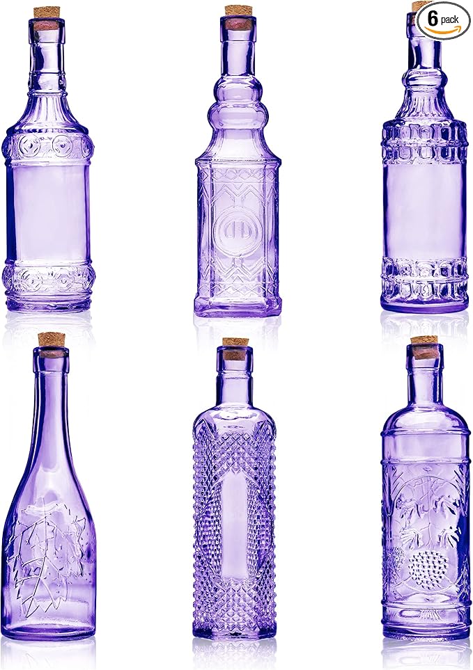 Assorted Purple Glass Bottles with Corks, 6 Pack, 2.5in X 9in, 16oz
