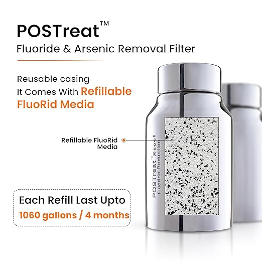 2.25 Gallons NSF Certified AISI 304 Stainless Steel Water Filter with 2 Smart Carbon (Black) Filters, 2 POSTreat Steel Fluoride Removal Elements & Free Stainless Steel Spigot