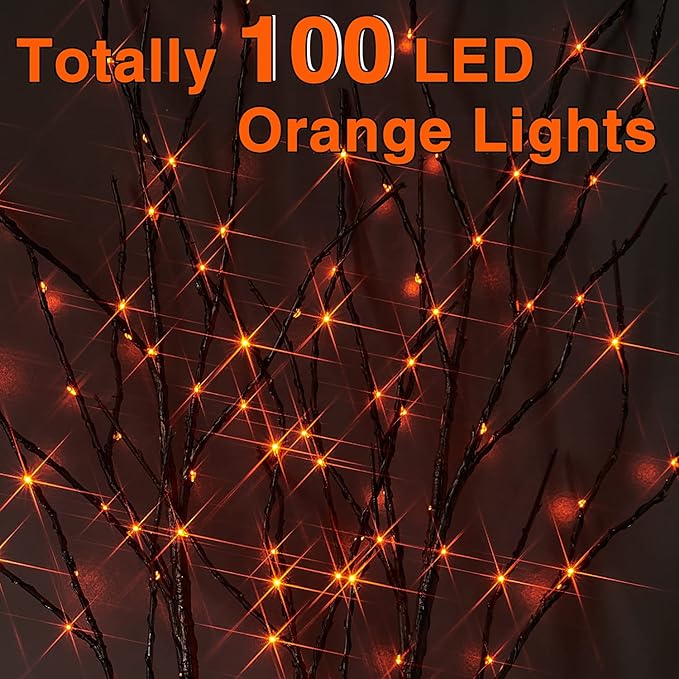 Fudios Halloween Lighted Branches with Timer 100 LED Orange Fairy Lights 32IN, Black Tree Branch Lights Battery Operated for Home Party Mantle Decoration