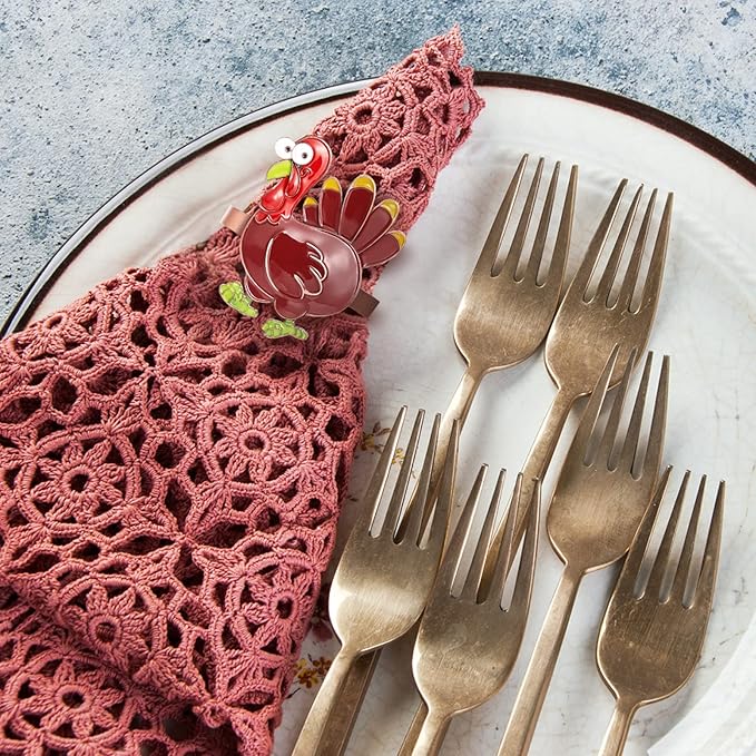 Halatool 6 PCS Thanksgiving Day Colorful Turkey Napkin Ring Funny Metal Festival Napkin Holders for Dinner Table Party Decoration