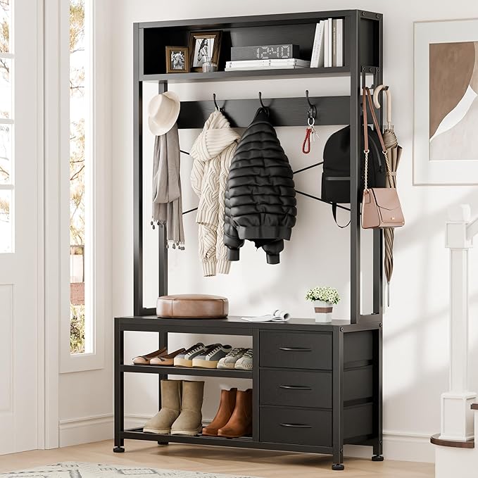 Lulive Hall Tree with Bench and Shoe Storage, 31.5" Coat Rack Freestanding with 2-Tier Storage Shelf, 6-in-1 Entryway Bench Coat Rack with 12 Hooks and 3 Drawers(Black)