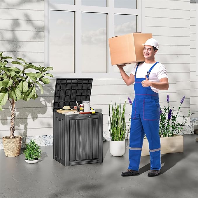 Outdoor Storage Box 28 Gallon, Deck Box Waterproof Resin with Lockable Lid, UV-Resistant Patio Storage Box for Pool Supplies, Garden Tools, Black