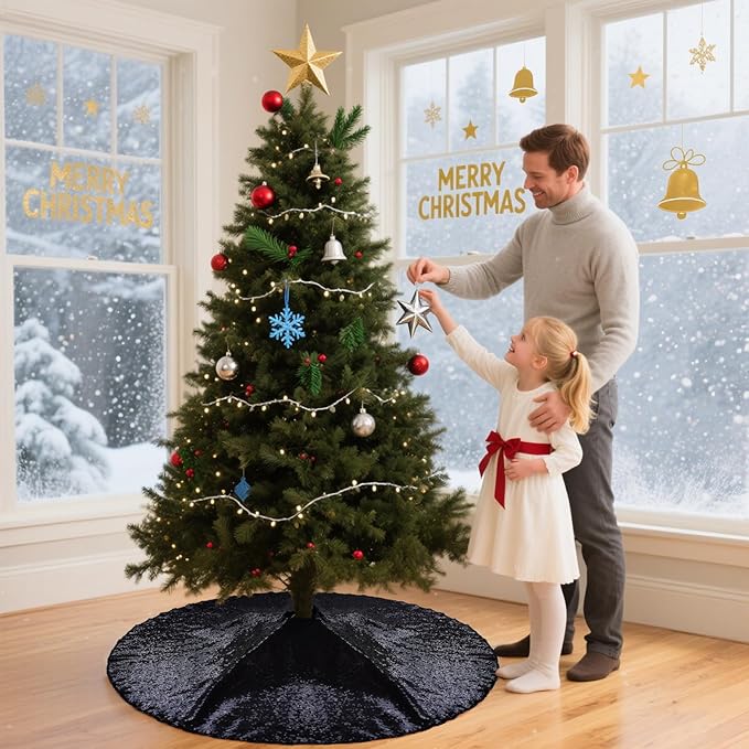 Eternal Beauty Christmas Tree Skirt, 36 Inch Black Halloween Sequin Tree Skirt Small Xmas Tree Skirt for Christmas Tree Decorations