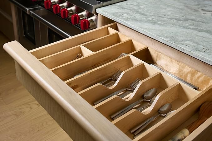 Rev-A-Shelf Trim-to-Fit Silverware Drawer Organizer For Kitchen Utensils, Cutlery Cabinet Storage Divider Insert, 33" x 22", Maple Wood, 4WUTCT-36-1