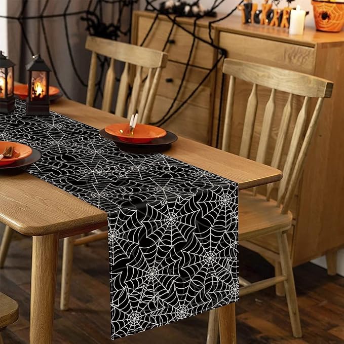 Halloween Table Runner Spider Web Black Linen Table Runners for Seasonal Holidays Indoor Outdoor Kitchen Dining Party Home Decor 13 x 108 Inch