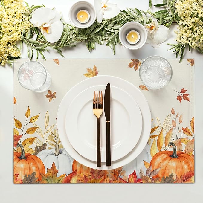 Fall Placemats Set of 4 Autumn Thanksgiving Harvest Watercolor Pumpkin Place Mats 12x18 Inch Seasonal Washable Table Mats for Party Kitchen Dining Decoration